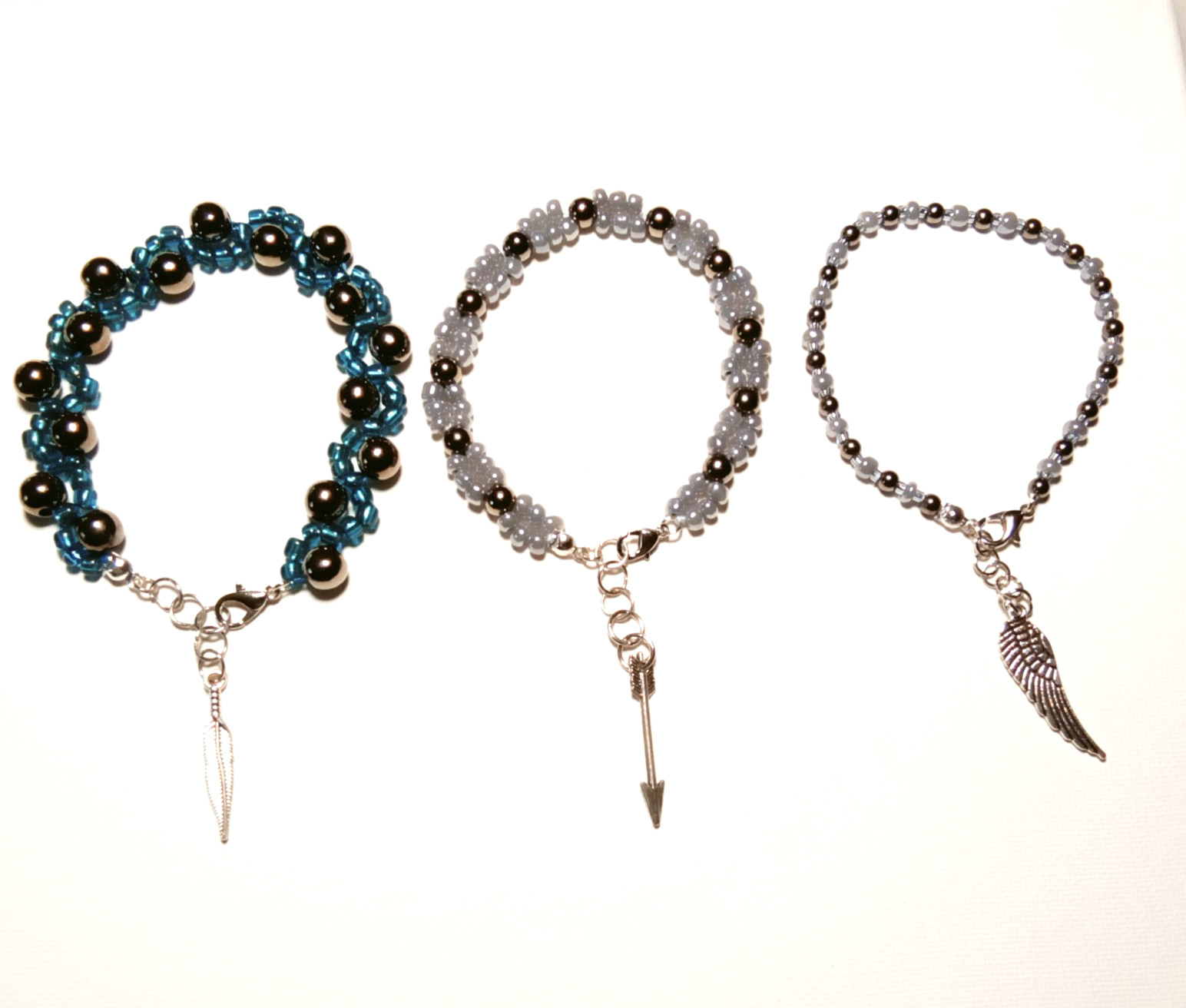 HANDMADE ADJUSTABLE 3PC METALLIC & GLASS BEADED BRACELETS