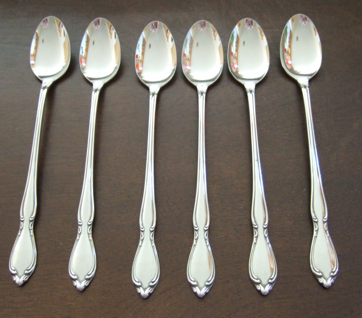 HTF 6 ICED TEA SPOONS REED & BARTON STAINLESS FLATWARE CAMELOT PATTERN