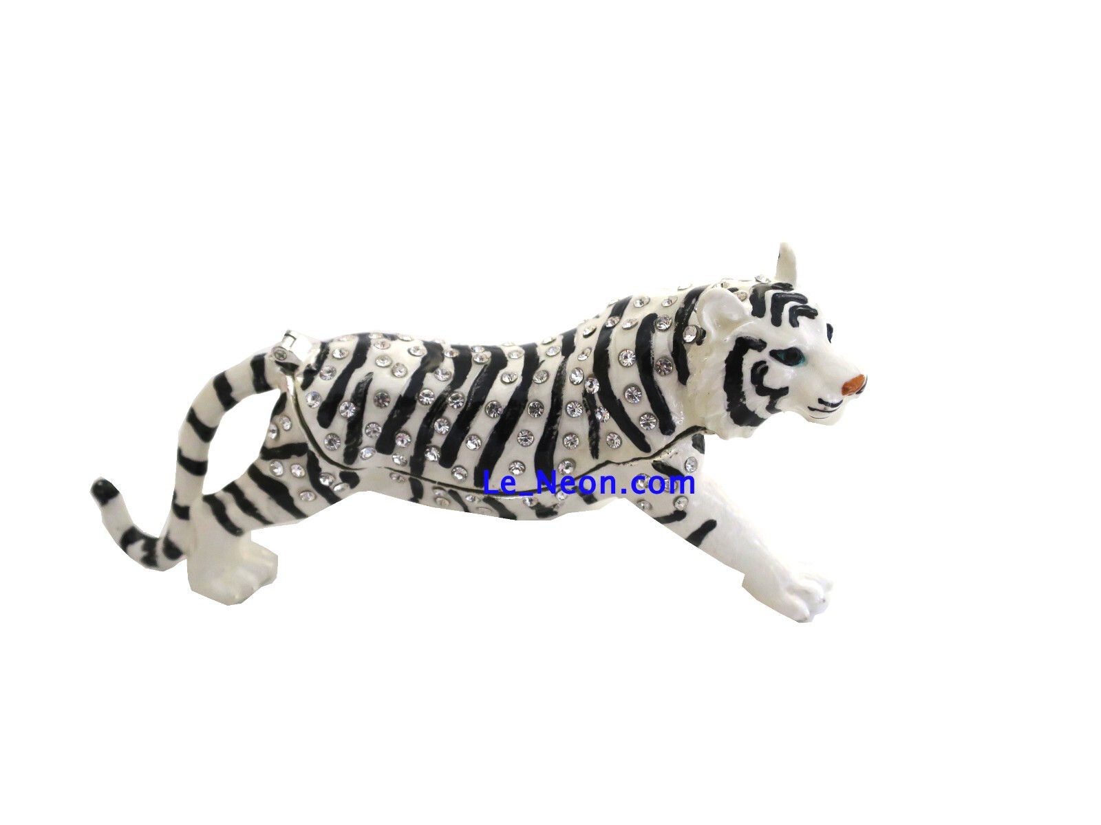 Bejeweled " Large Tiger White " Hinged Metal Enameled Rhinestone Trinket Box