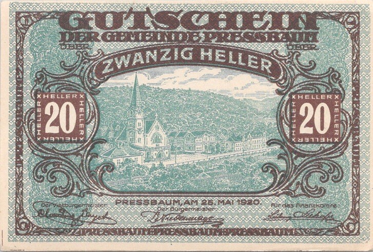 Austria Pressbaum 20 Heller 1920 Vintage Paper Money Banknote Note VF
