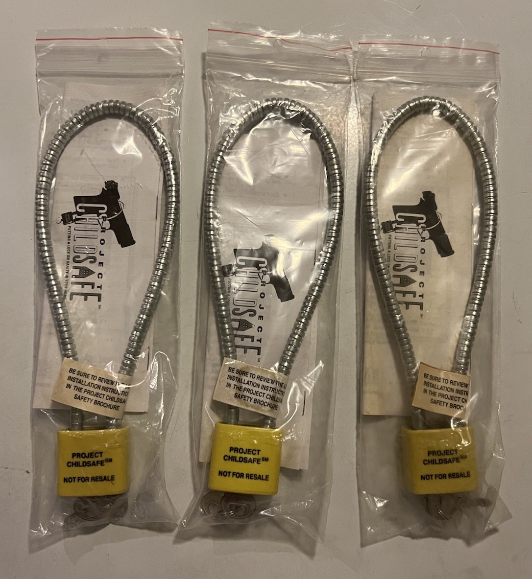 Lot Of 3 Project Childsafe Gun Lock Locks Bundle W/Keys Silver Cable Style NEW