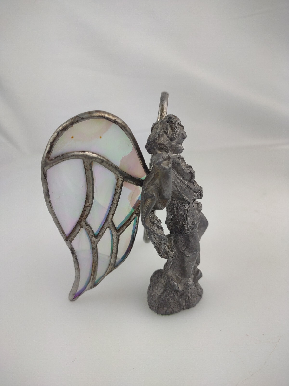 Standing Angel with Ribbon Hand Cast metal Sculpture with stain glass wings