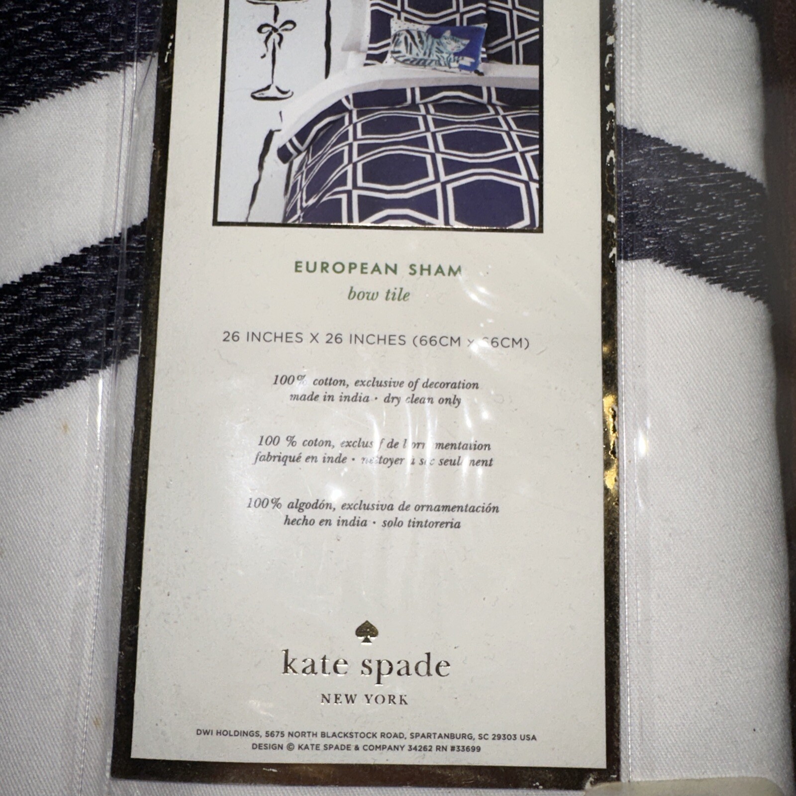 KATE SPADE 2pc EURO SHAM BOW TILE NAVY WHITE BNIP NICE