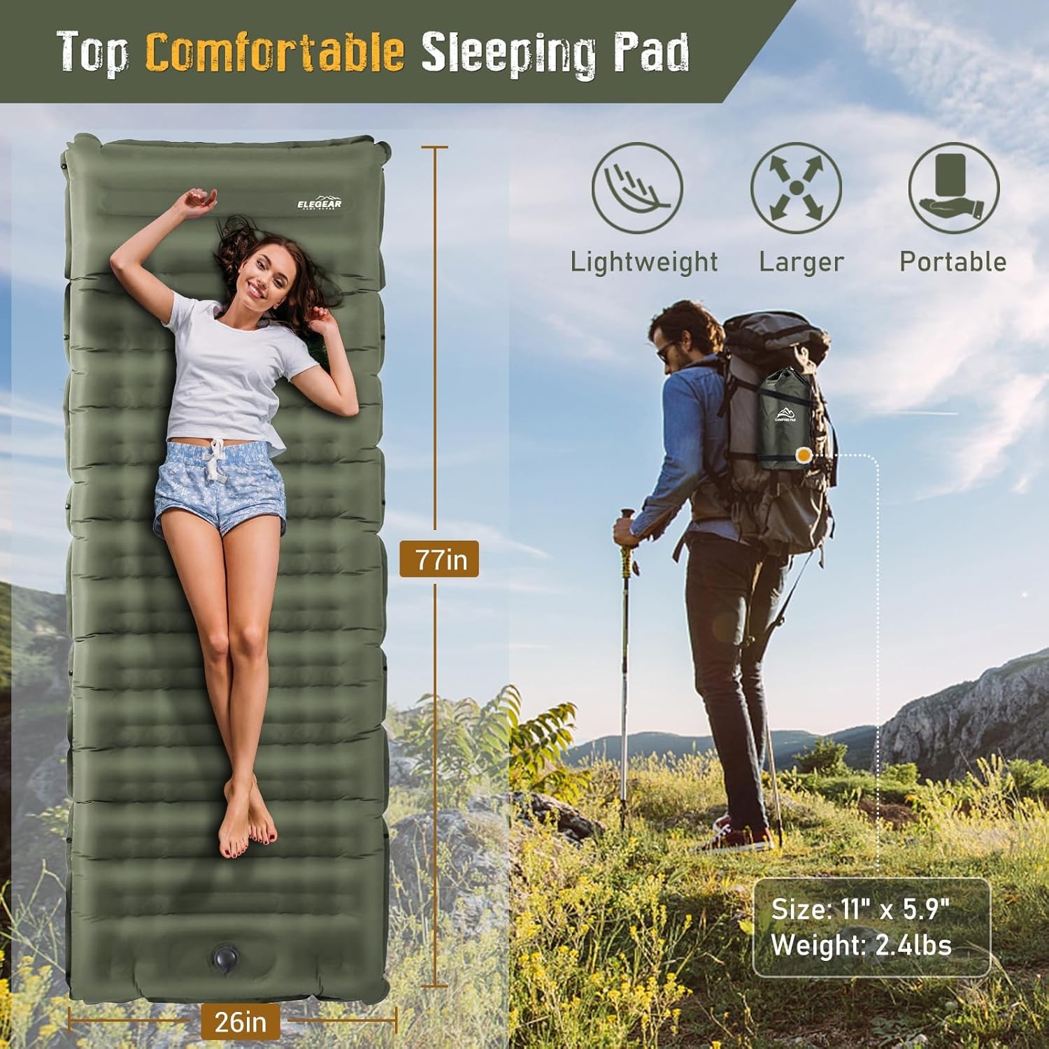 4" Thick Single Sleeping Pad for Camping, Fast Inflating Camping Pad w/ Pillow