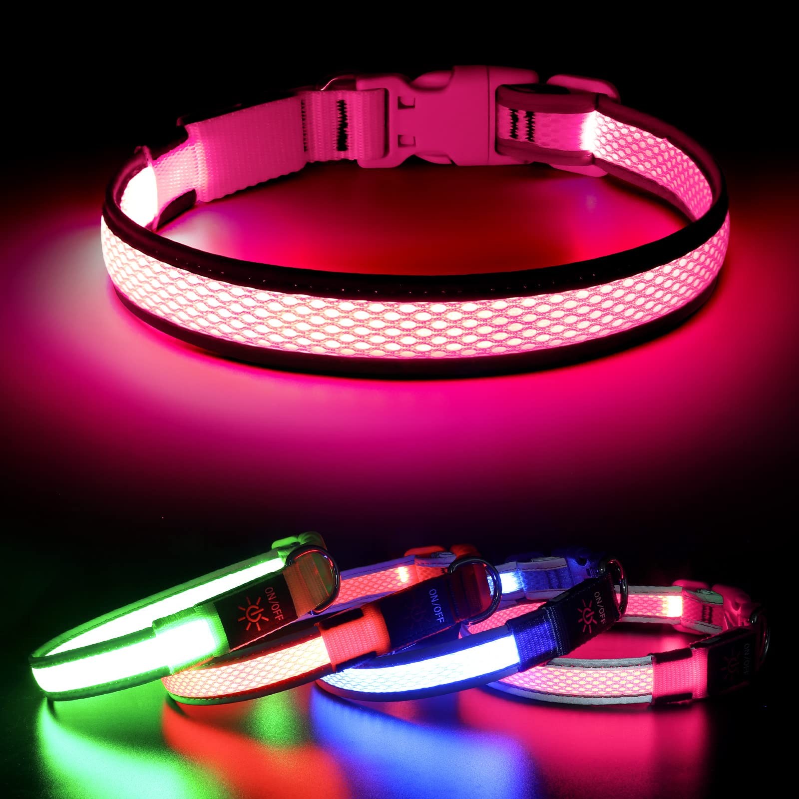 Light Up LED Dog Collar Night Walking Waterproof Rechargeable Pink Small