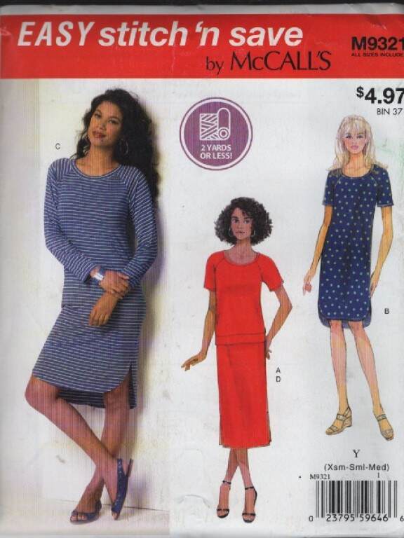 9321 MCCALL'S EASY MISSES' TOP/DRESS/SKIRT SZ XS-M