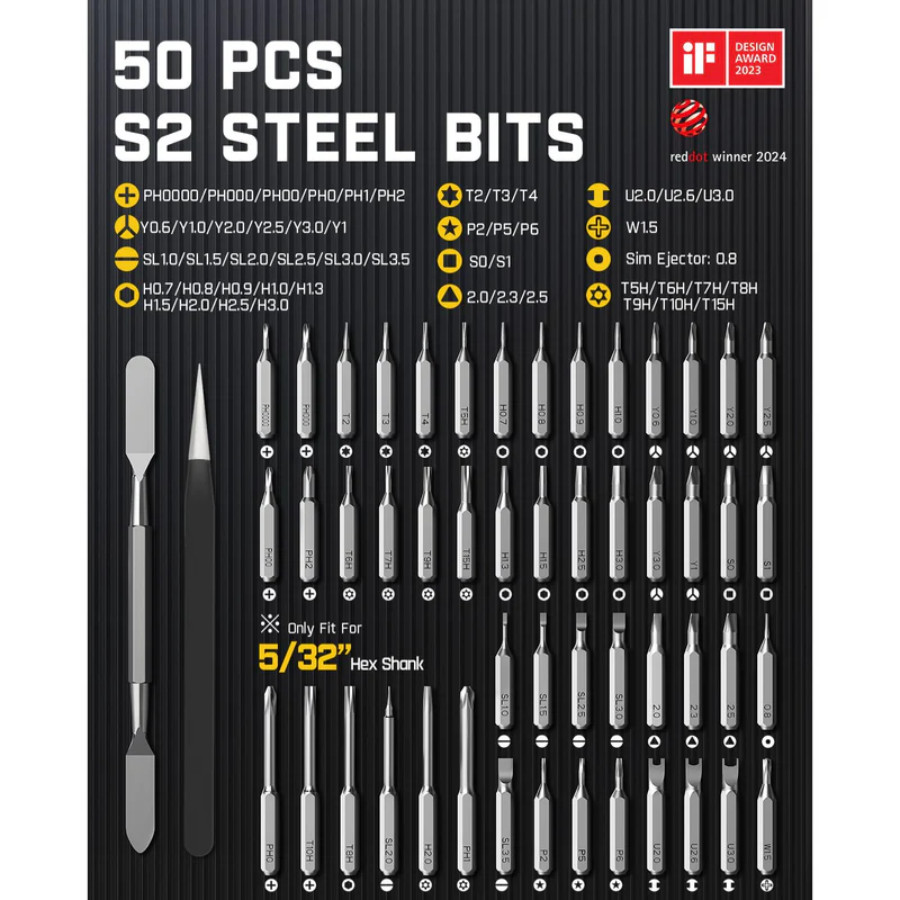 Fanttik E1 MAX Precision Electric Screwdriver - 50 Magnetic Bits Repair Kit