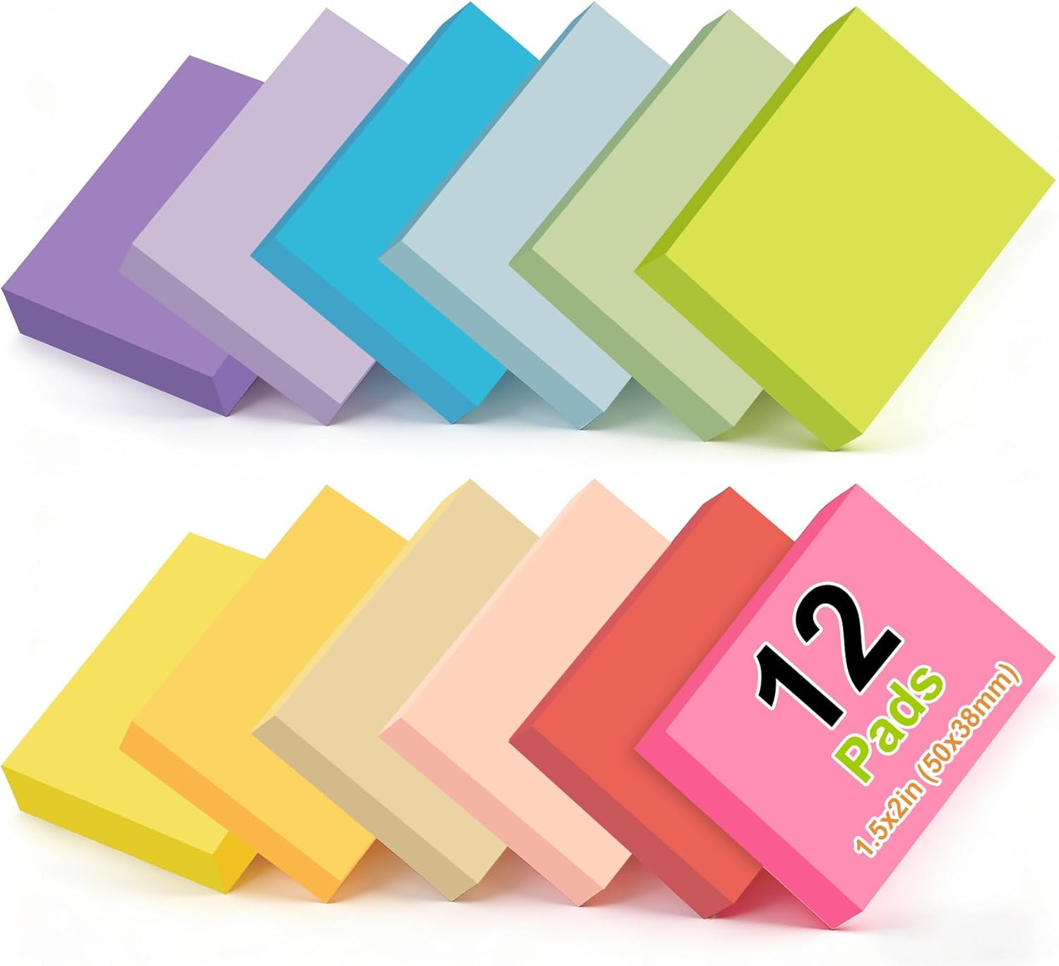 1.5 x 2 in Mini Sticky Notes,1200 Sheets Small Sticky Pads Clean Removal, 12 Pad