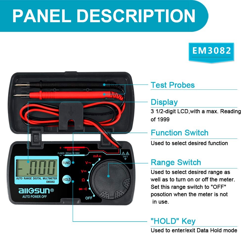 allsun Mini Auto Range Folding Digital Multimeter Compact, Red and Black