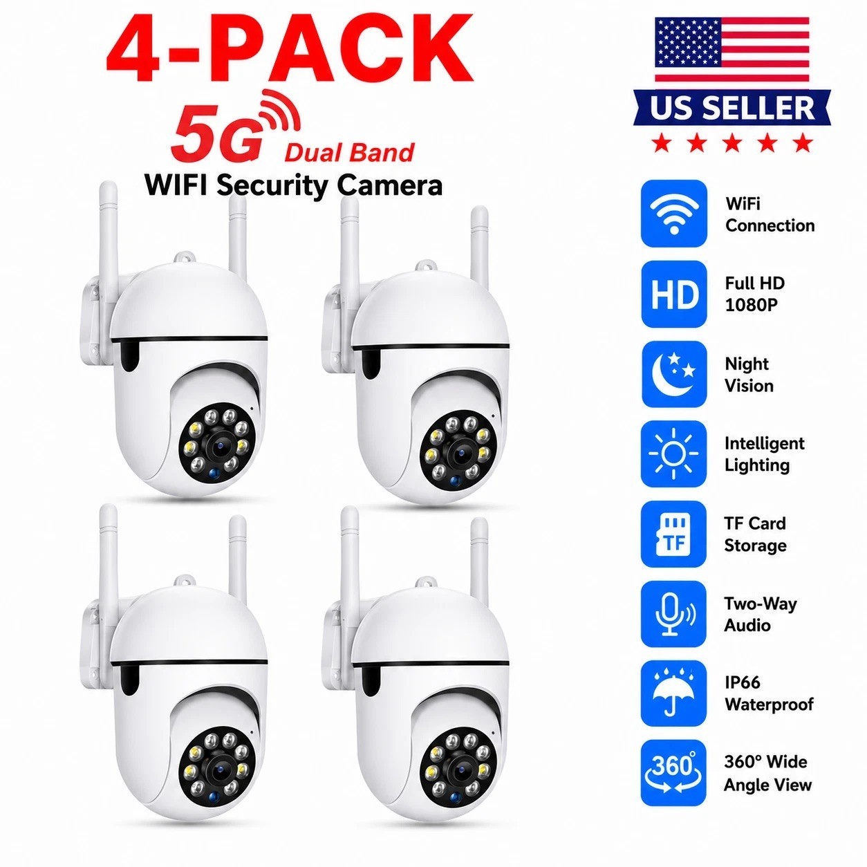 4 Pack Wireless 5G WiFi 1080P Security Camera System Smart Outdoor Night Vision