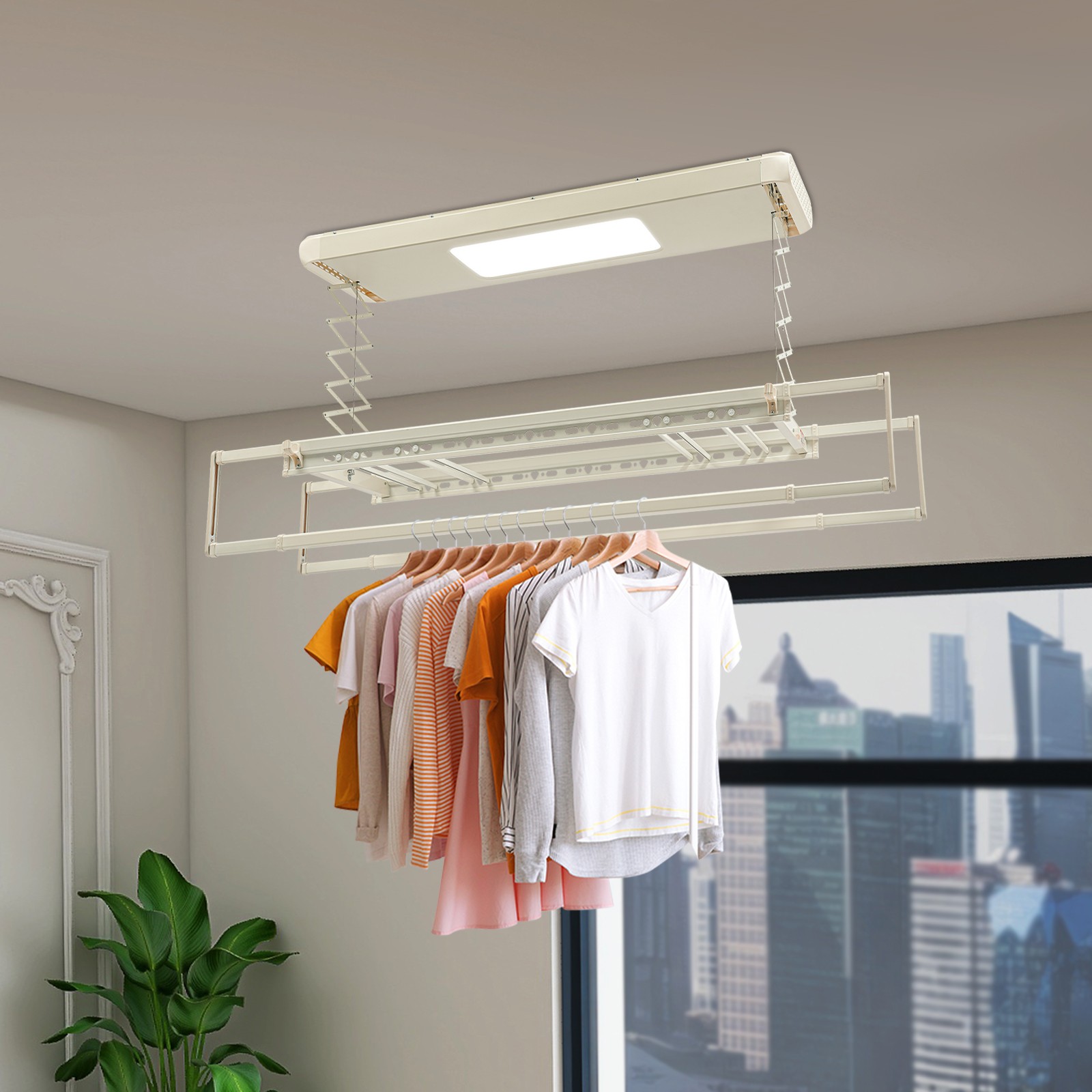 Ceiling-mounted Clothesline, Resealable Vertical Drying Rack W/ Light 8 Rods