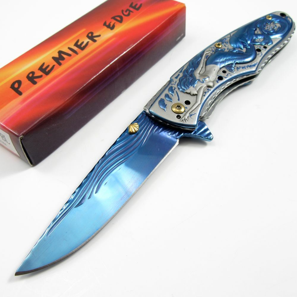 SPRING-ASSIST FOLDING KNIFE Ocean Mermaid Blue Chrome Titanium Tactical EDC