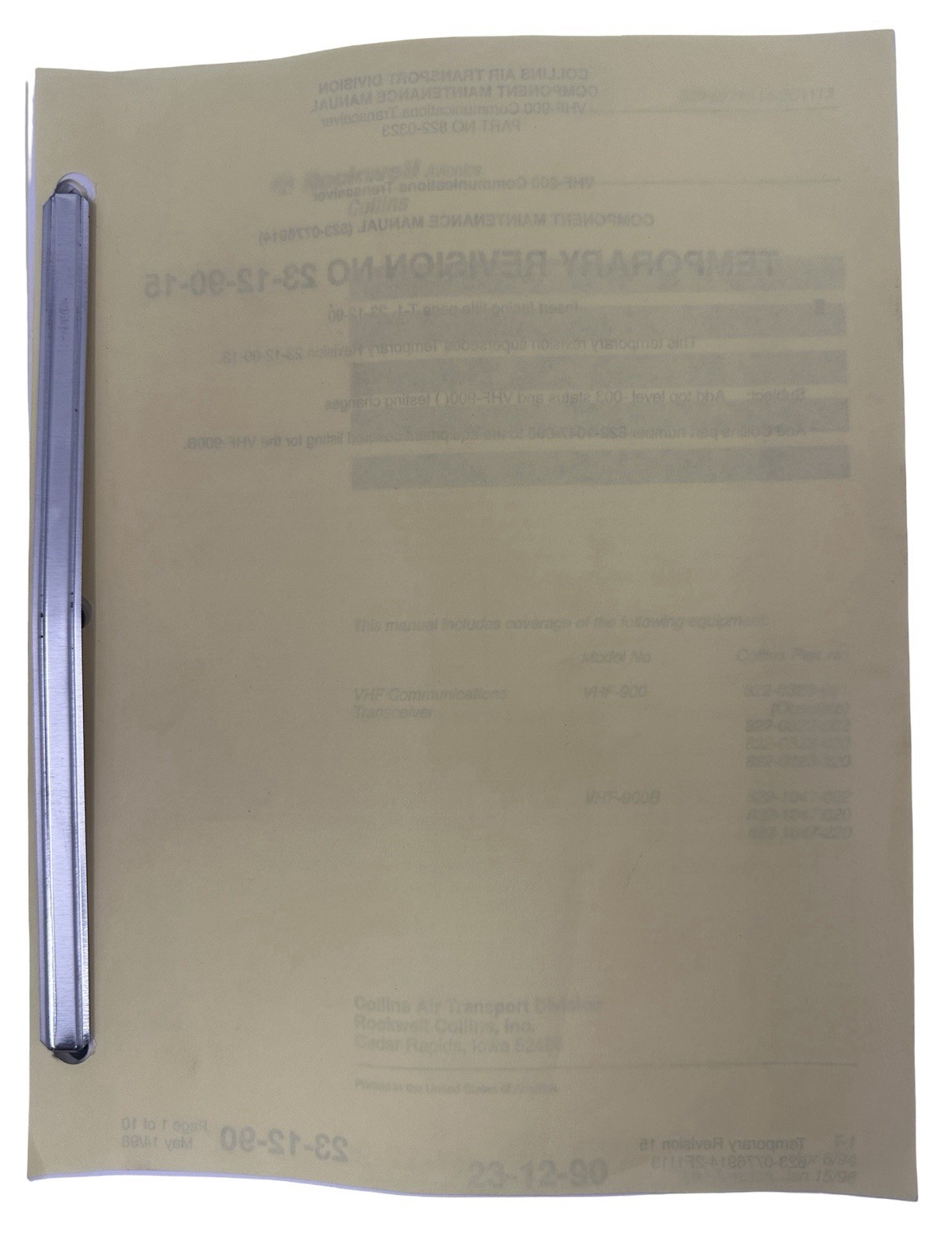Rockwell Collins VHF-900 Component Transceiver Maintenance Manual 822-0323