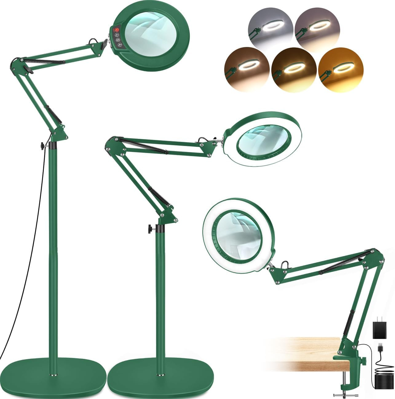 10X Magnifying Glass with Light and Stand, 3-In-1 Adjustable Swing Floor Lamp, 5