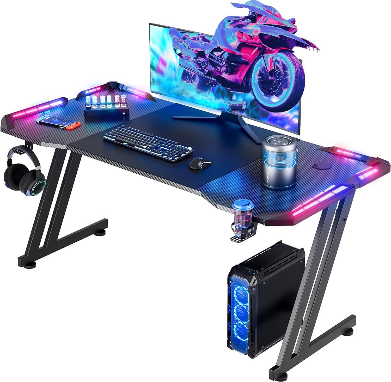 Gaming Desk with Headphone Hook & Cup Holder, LED Gaming Table, Computer Desk