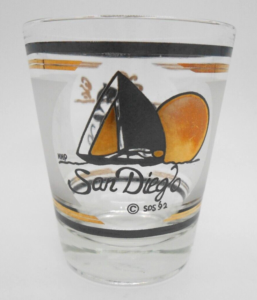 San Diego California USA Souvenir Shotglass with Sailing Sunset Whales 1992