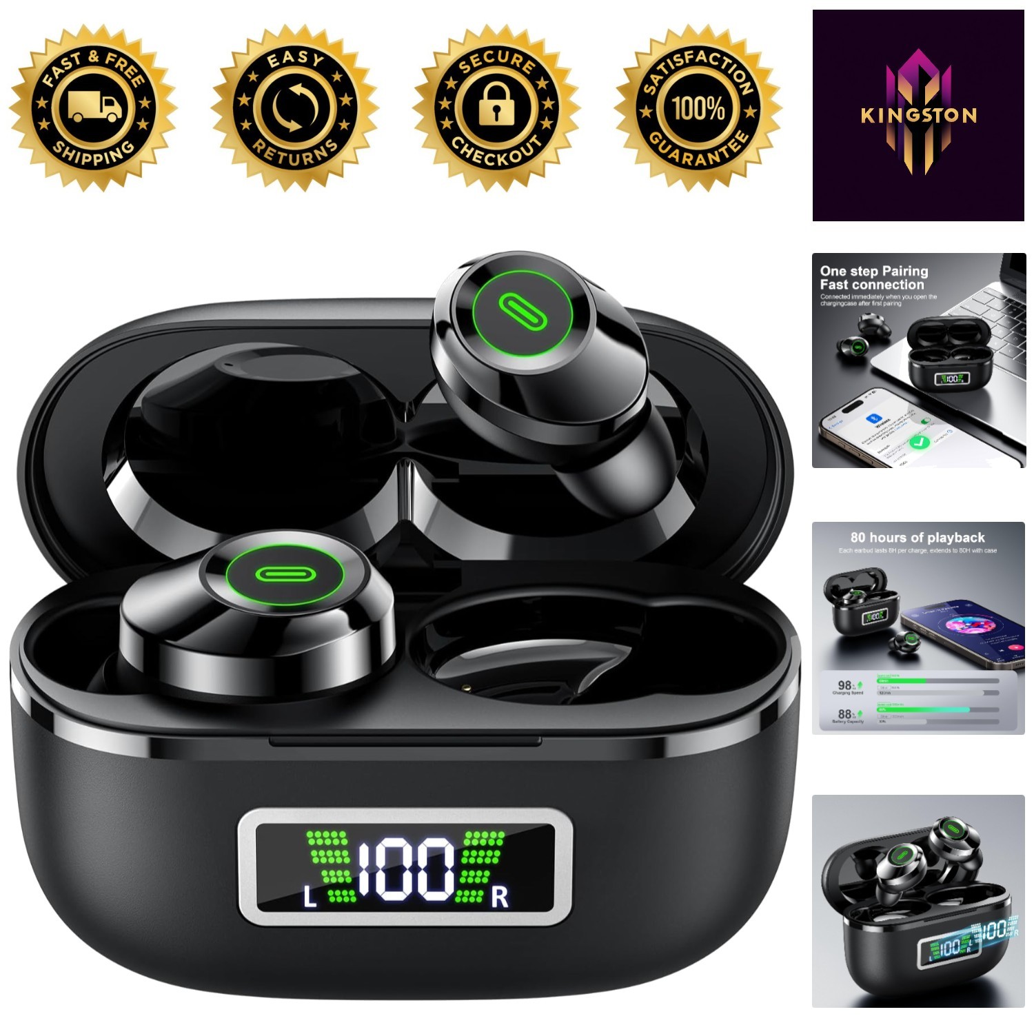 Bluetooth 5.5 Wireless Earbuds - 80H Battery Life,  Waterproof, HiFi Sound