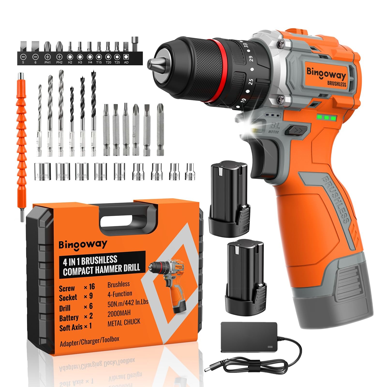 Brushless Cordless Drill Set, 16V 4in1 Electric Drill Driver with Impact Func...