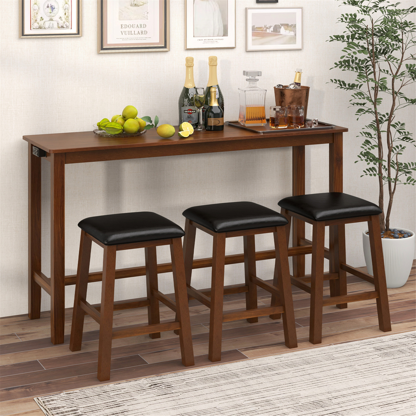 4-Piece Bar Table Set w/ Power Outlet Counter-Height Table & 3 Bar Stools