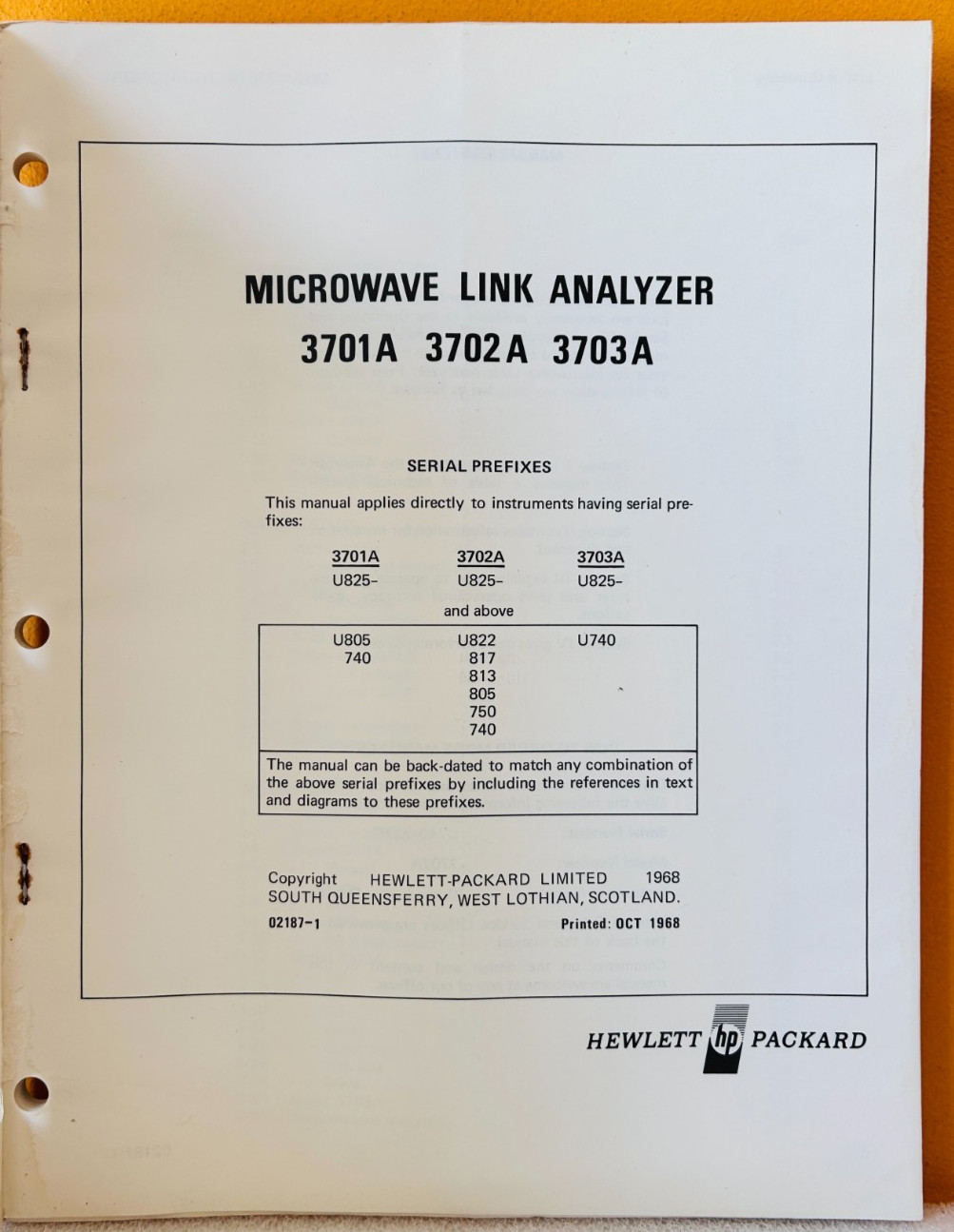 HP 03702-912 Model 3701A/2A/3A Microwave Link Analyzer Operating Manual.
