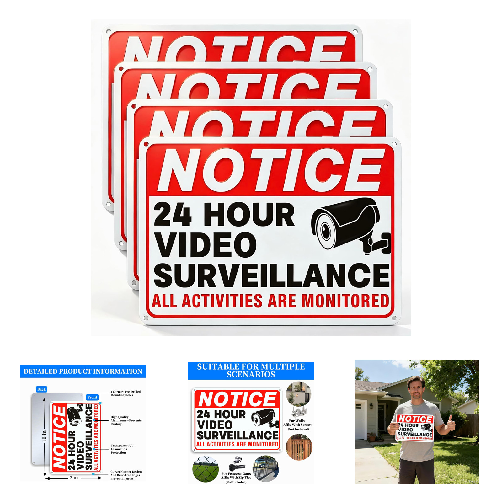 Video Surveillance Signs 24hr Security Camera Warning Aluminum 10x7 inch Outdoor