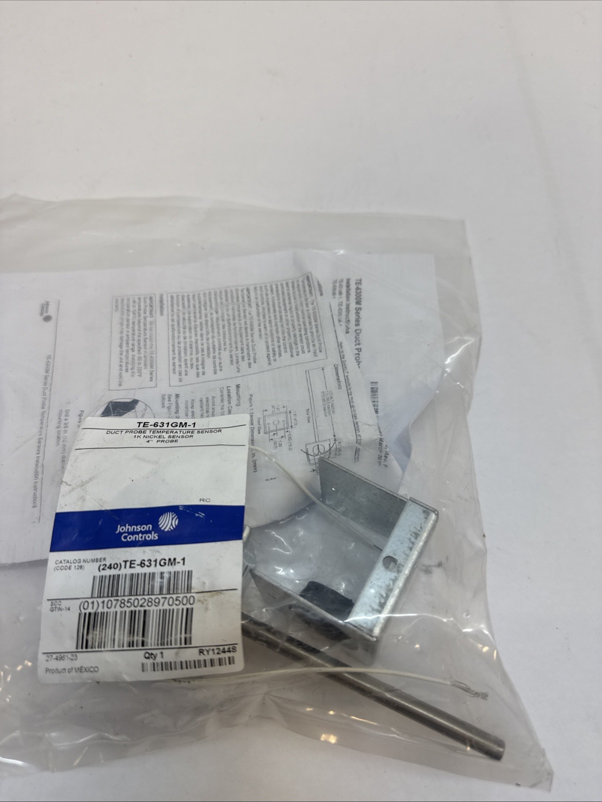 Johnson Controls TE-631GM-1 Temperature Sensor, Duct, 4" Size