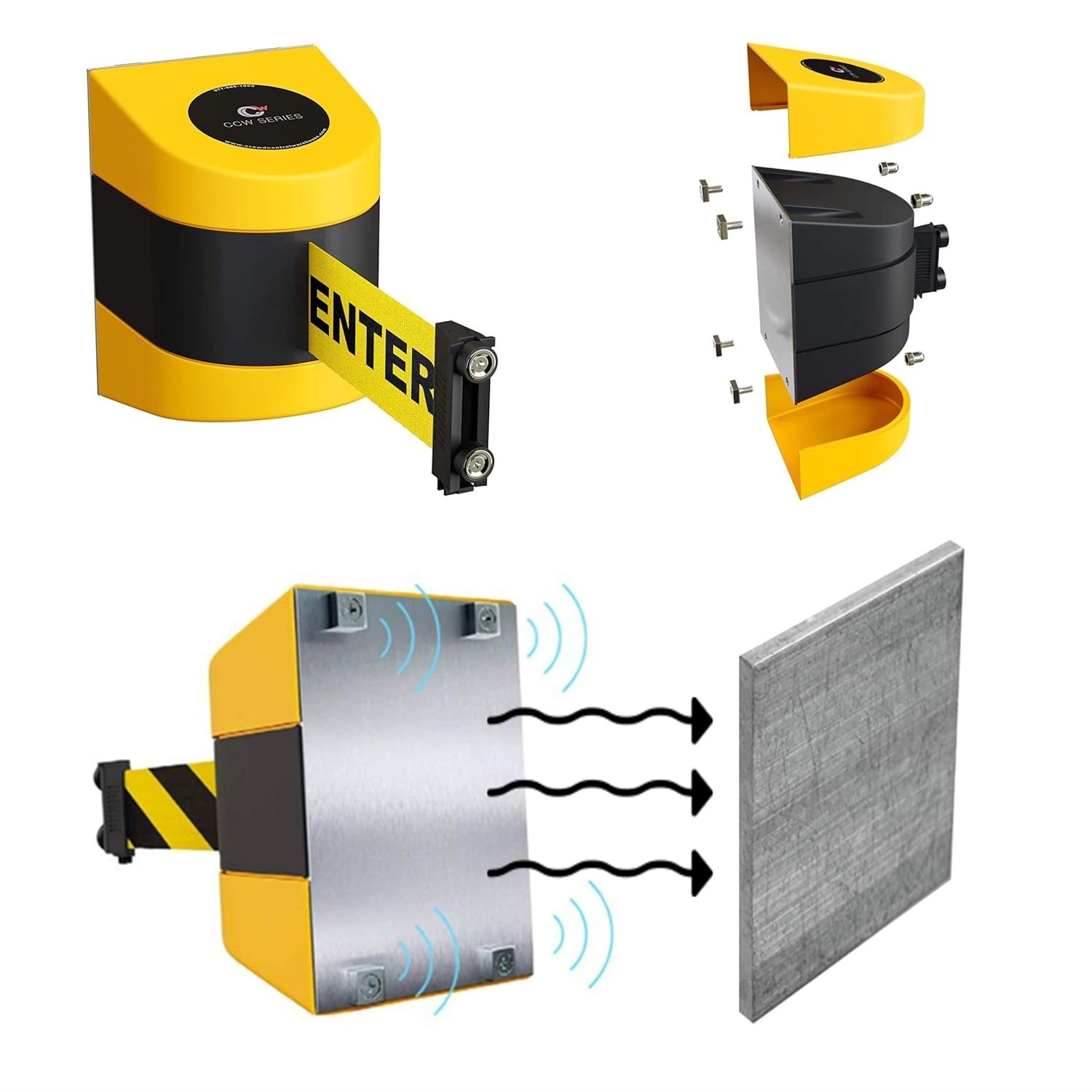 Wall Mounted 30ft Retractable Belt Barrier - Red with White Warning