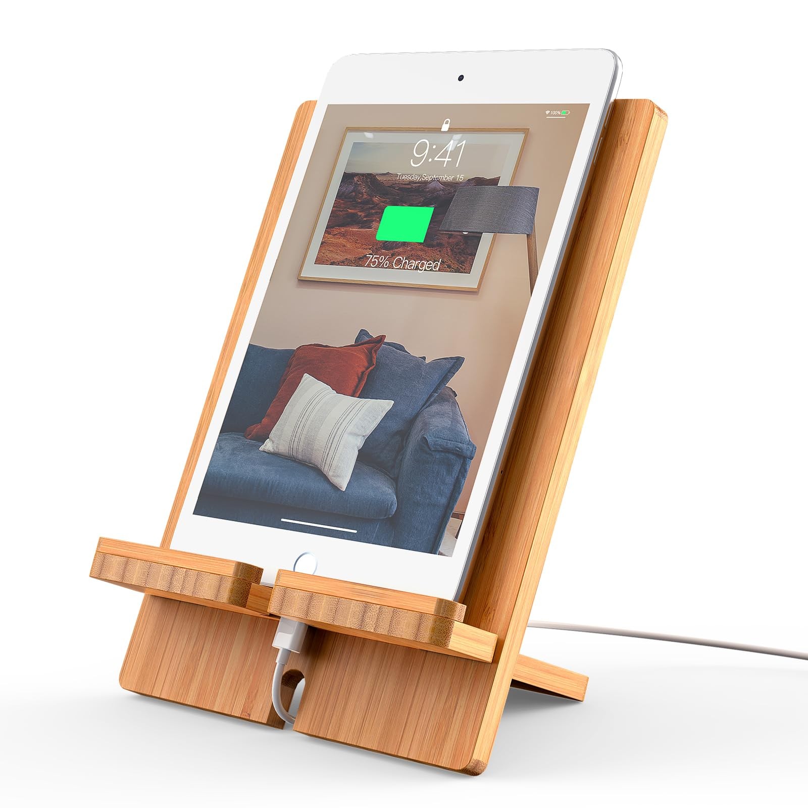 Bamboo Tablet Stand Adjustable, Desktop Cell Phone Stand Holder Dock Compatib...