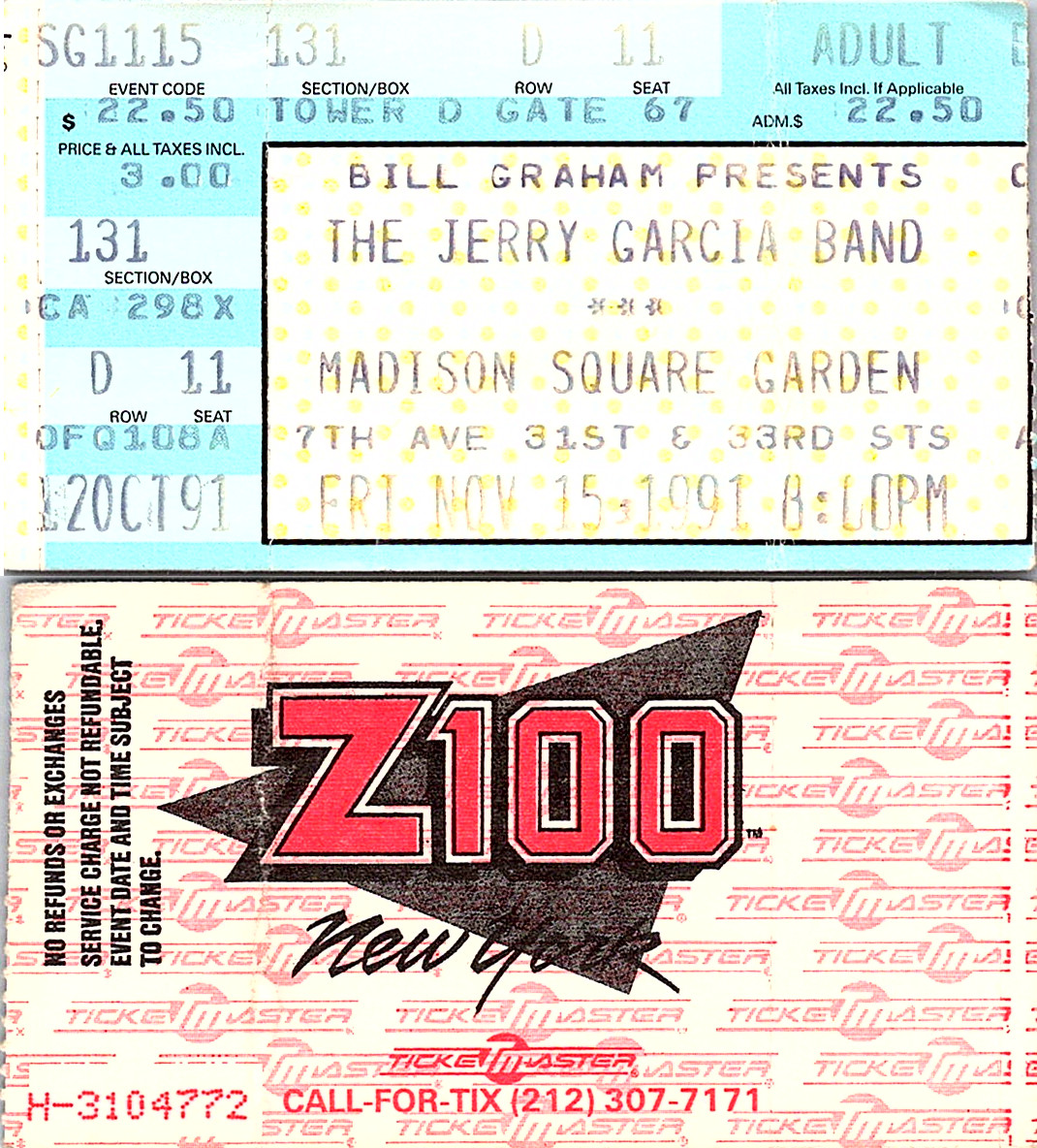 JERRY GARCIA BAND CONCERT TICKET STUB, 11/15/1991, MADISON SQUARE GARDEN