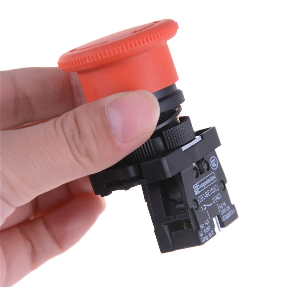 600V Emergency Stop Switch Mushroom Plunger Push Button Red N/C Machine AC