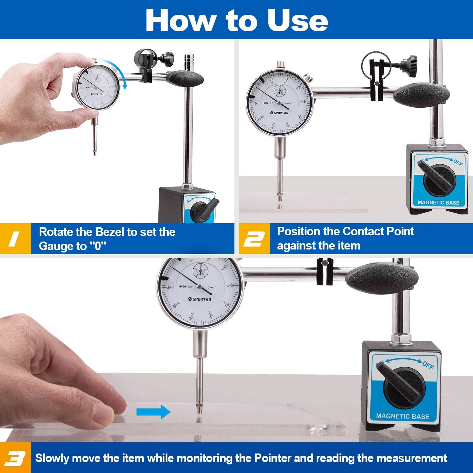 Spurtar Dial Indicator with Magnetic Base + 3pcs Wire Gauge Measuring Tool