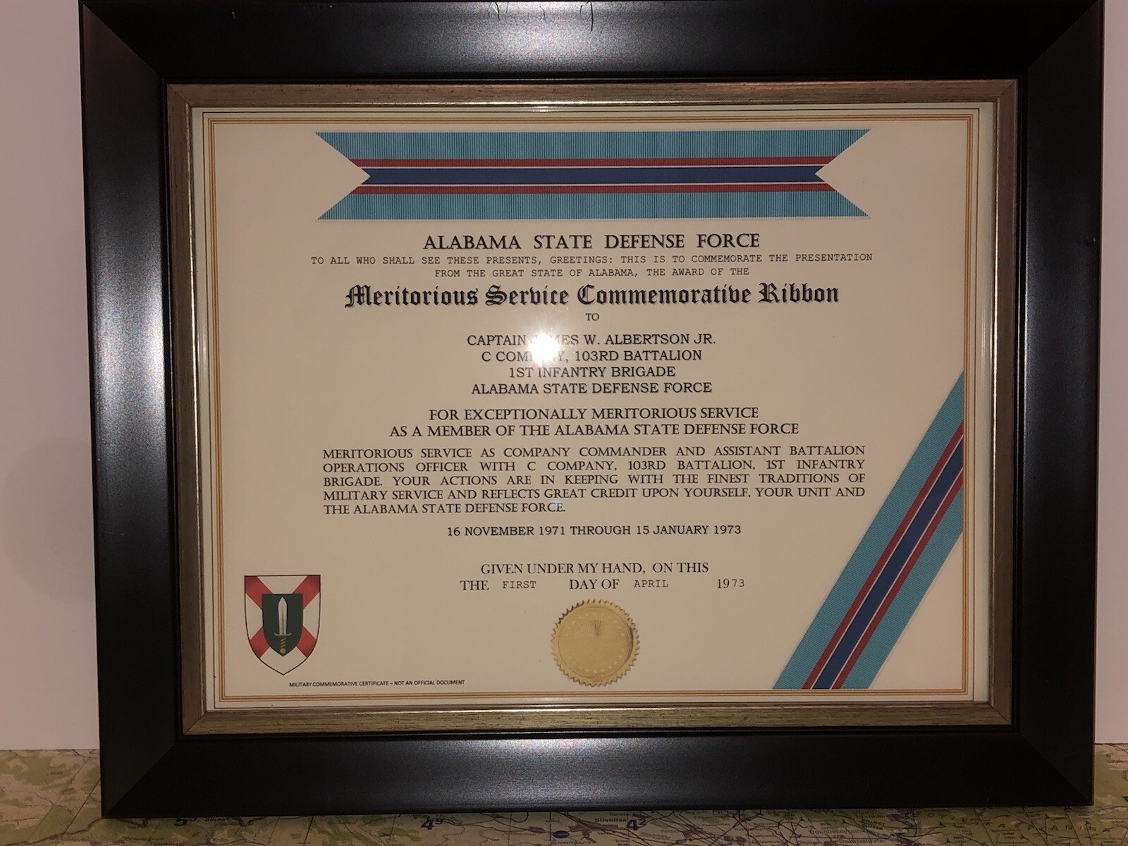 ALABAMA DEFENSE FORCE / MERITORIOUS SERVICE COMMEMORATIVE RIBBON CERTIFICATE