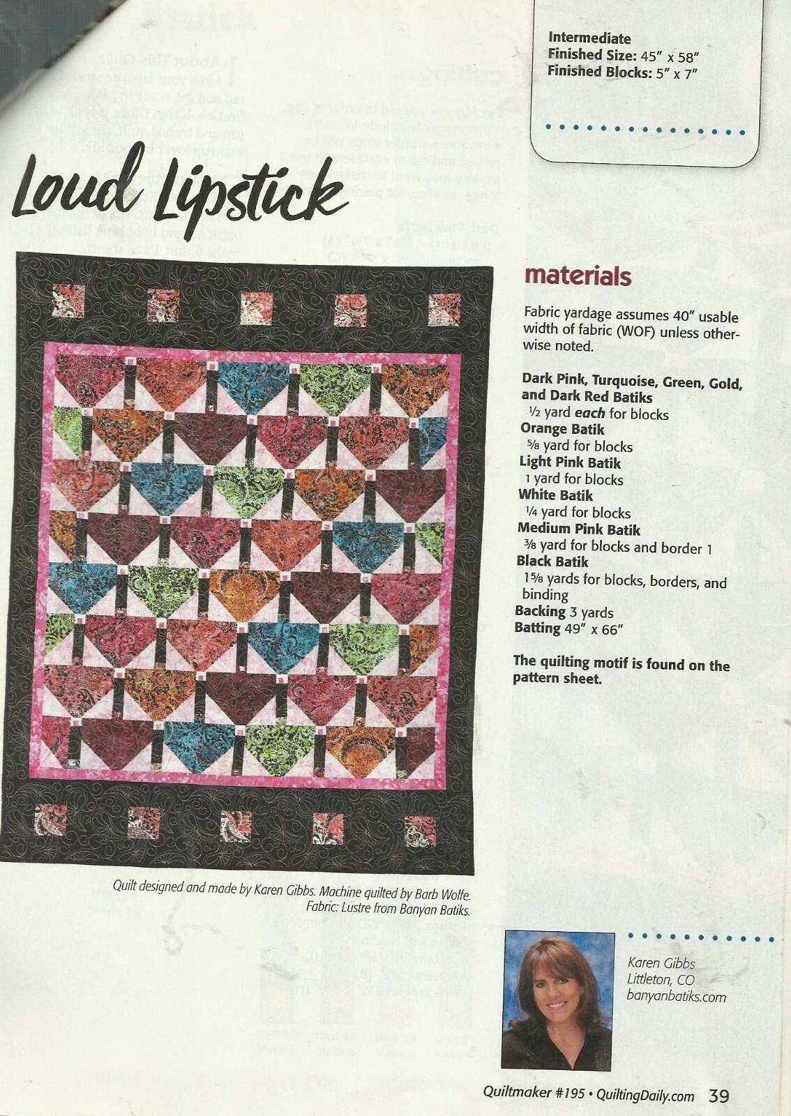C0038 LOUD LIPSTICK QUILT PATTERN/INSTRUCTIONS