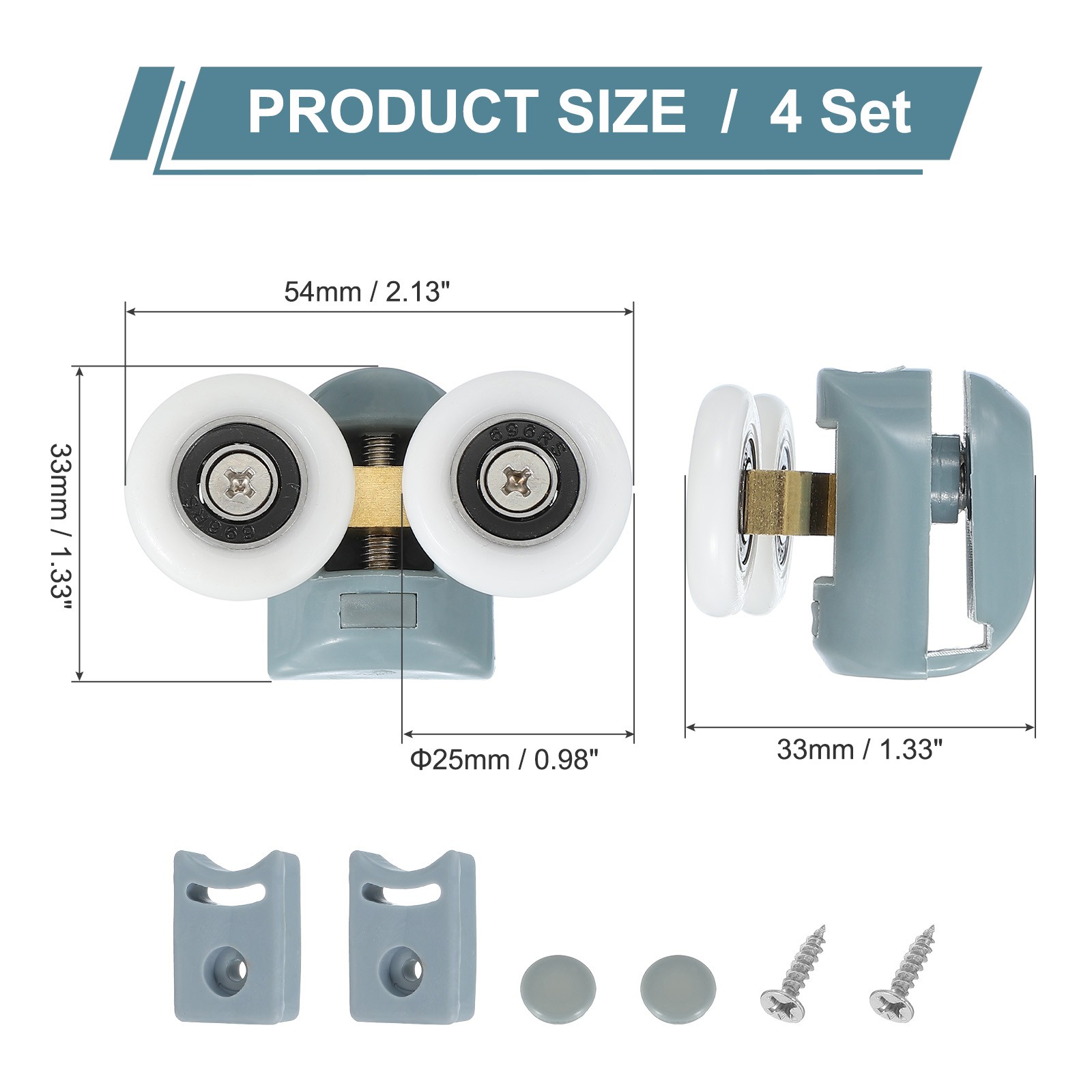 4Pcs 25mm Double Shower Door Rollers Plastic Top Wheels Pulleys Guide Grey