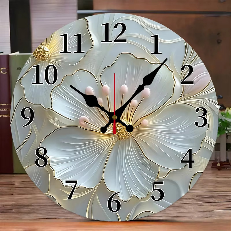 Golden & Pink Floral Wooden Round Silent Hanging Wall Clock, Suitable For Living