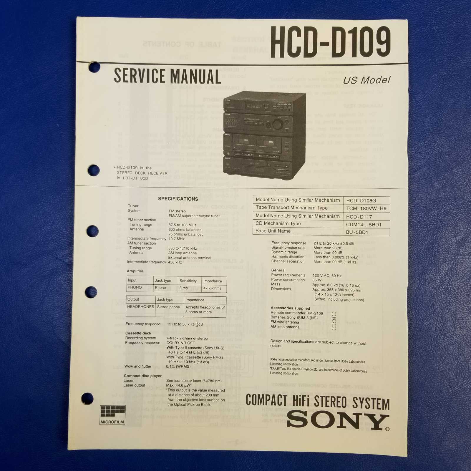 SONY HCD-D109 Service Manual Original Paper OEM Repair Guide - USA