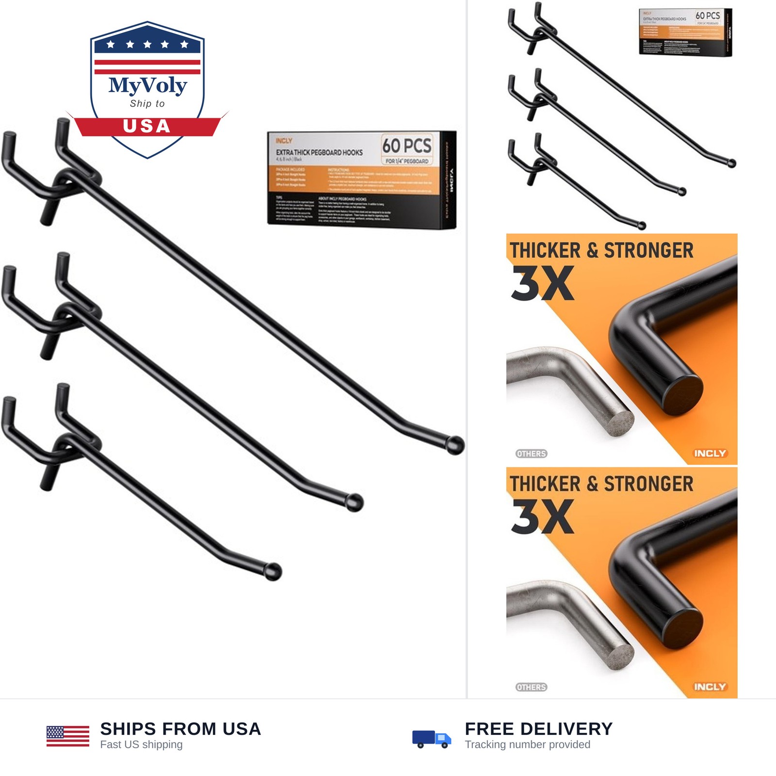 INCLY 60 Pack 4/6/8 Inch Black Pegboard Hooks, 1/4" Heavy Duty Peg Board Shel...