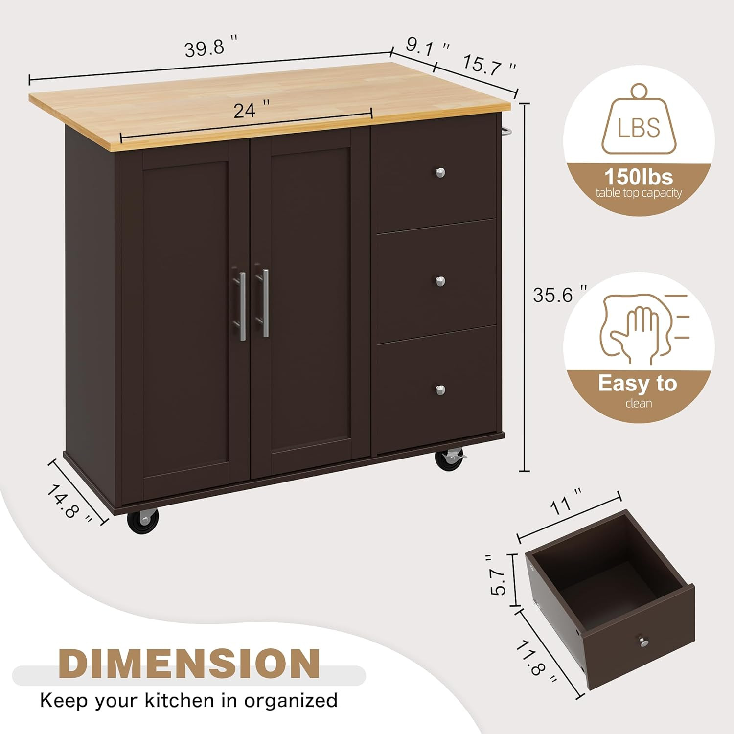 Kitchen Island with Folding Drop Leaf, Rolling Island Table with Storage, Kitche