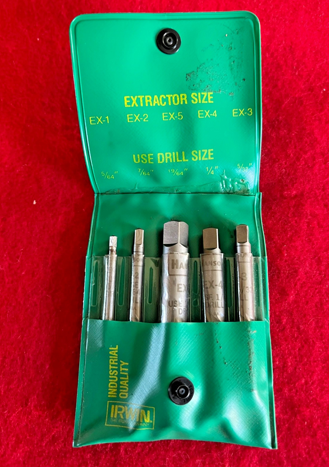 Vintage Irwin Tools USA Hanson Spiral Flute Screw Extractor Puller 5 Pieces 1989