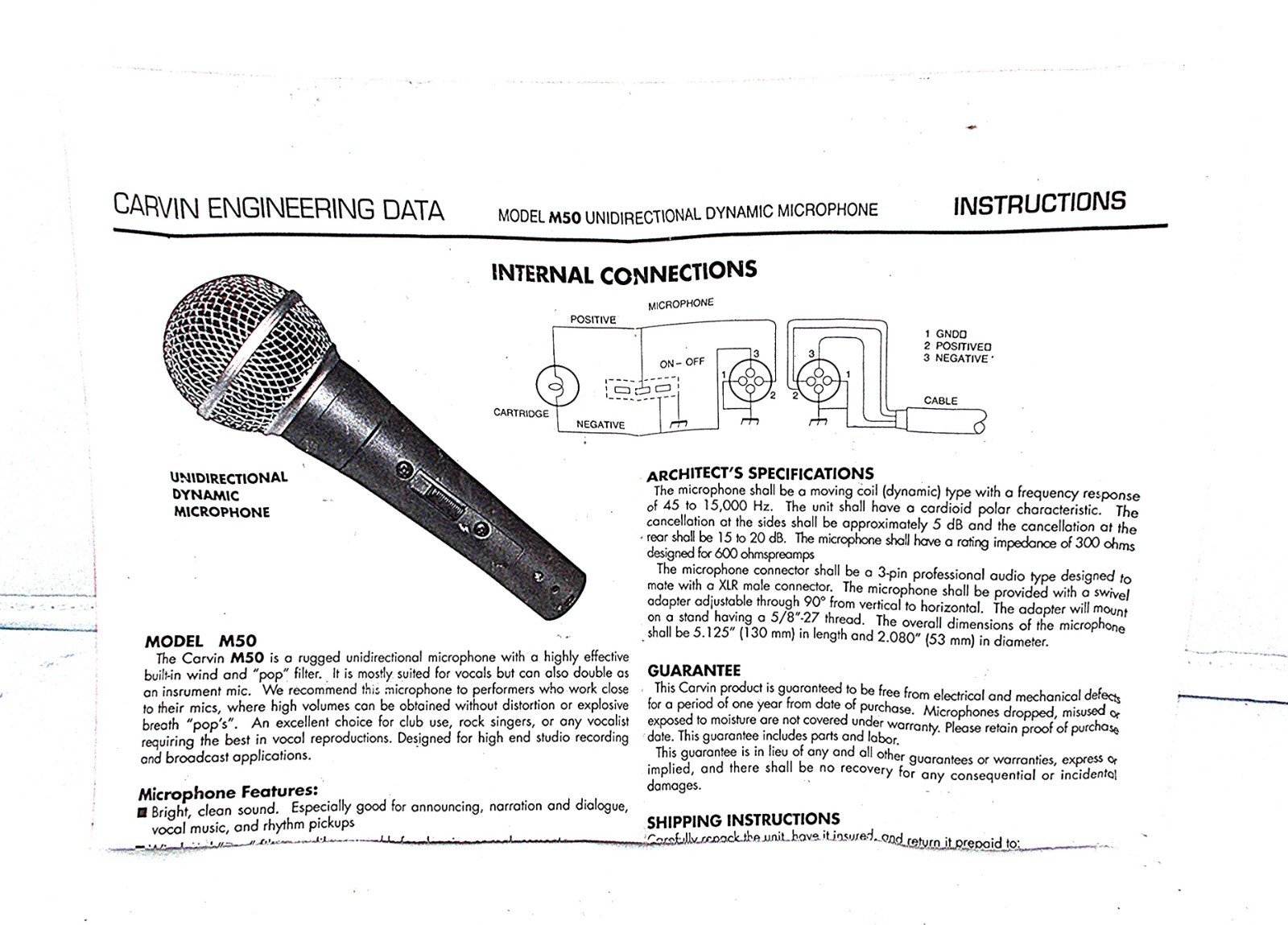 CARVIN M50 Dynamic Microphone w/ Cardioid pattern &manual, pouch, ON/OFF switch