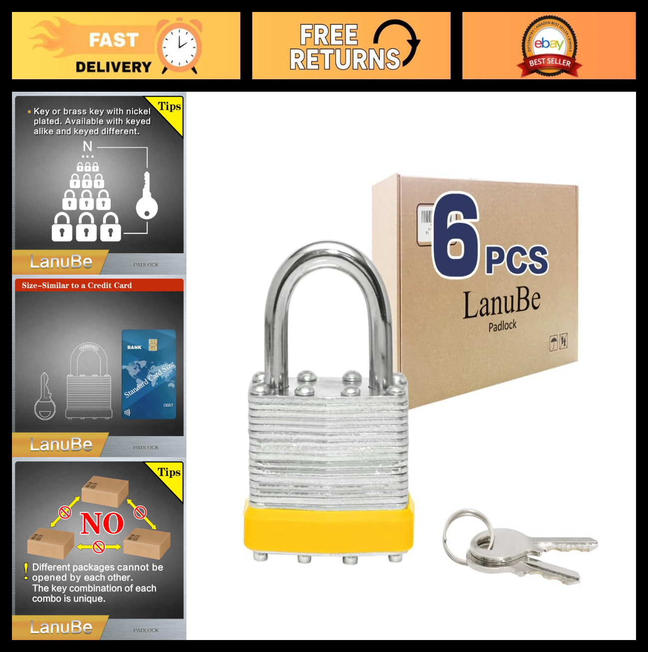 Keyed Alike Laminated Padlocks 1-9/16" (40mm) - Normal Shackle, Yellow Hoop, 6 P