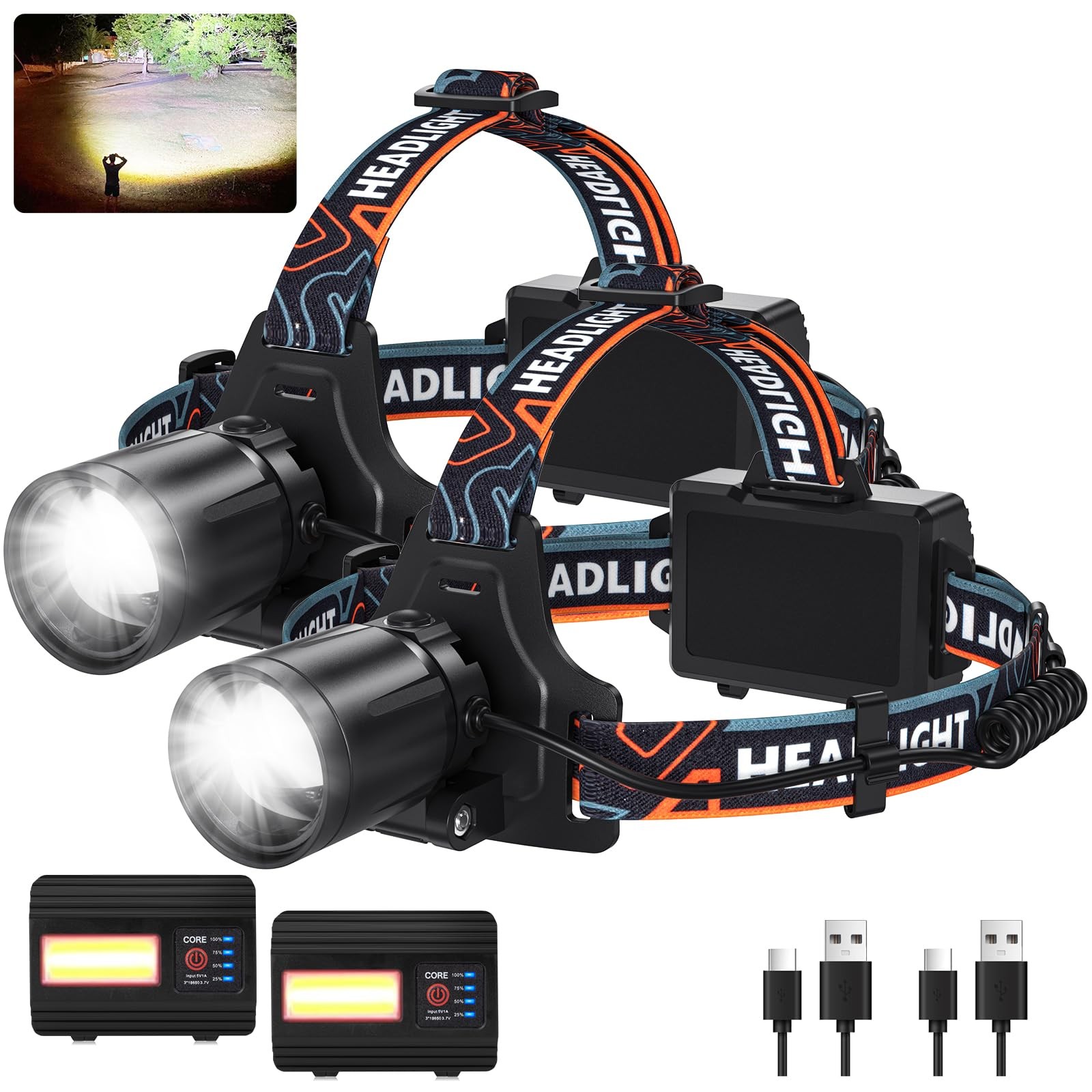 Rechargeable Headlamp Super Bright LED Head Lamp, 2Pack 99000 Black