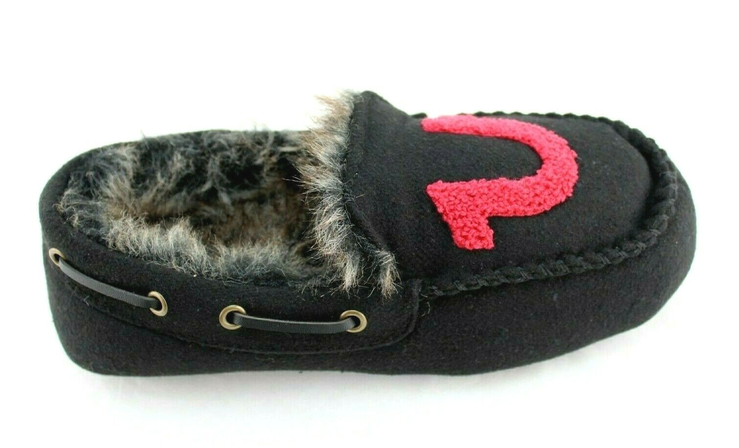 New TRUE RELIGION Size S 7-8 Black / Red Faux Fur Lined Men's Moccasins Slippers