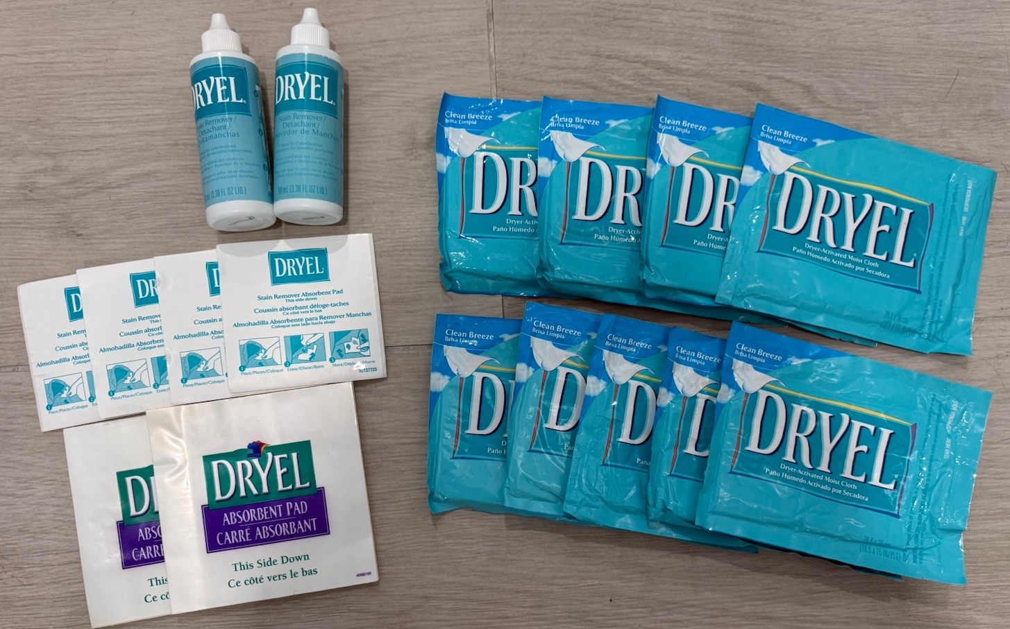 Vintage Dryel Home Dry Cleaning 9 Clean Breeze Cloths, 6 Pads & 2 Stain Remover