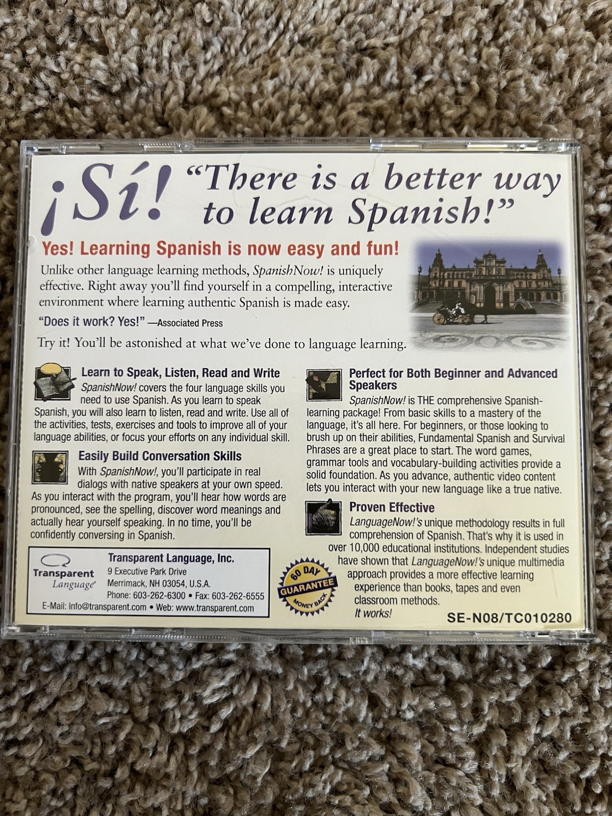Learn Spanish Now! Transparent Language PC CD-Rom. Win/Mac + Instructions.