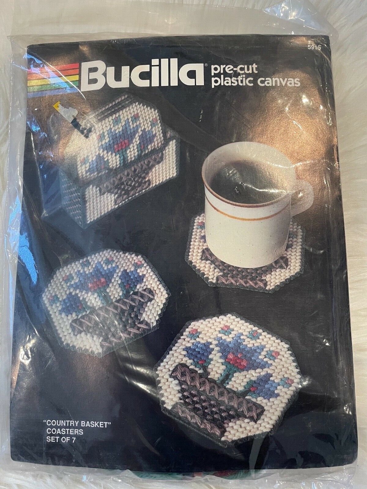 NEW Vintage Bucilla Pre-Cut Canvas "Country Basket Coasters" Set of 7 Set 5915