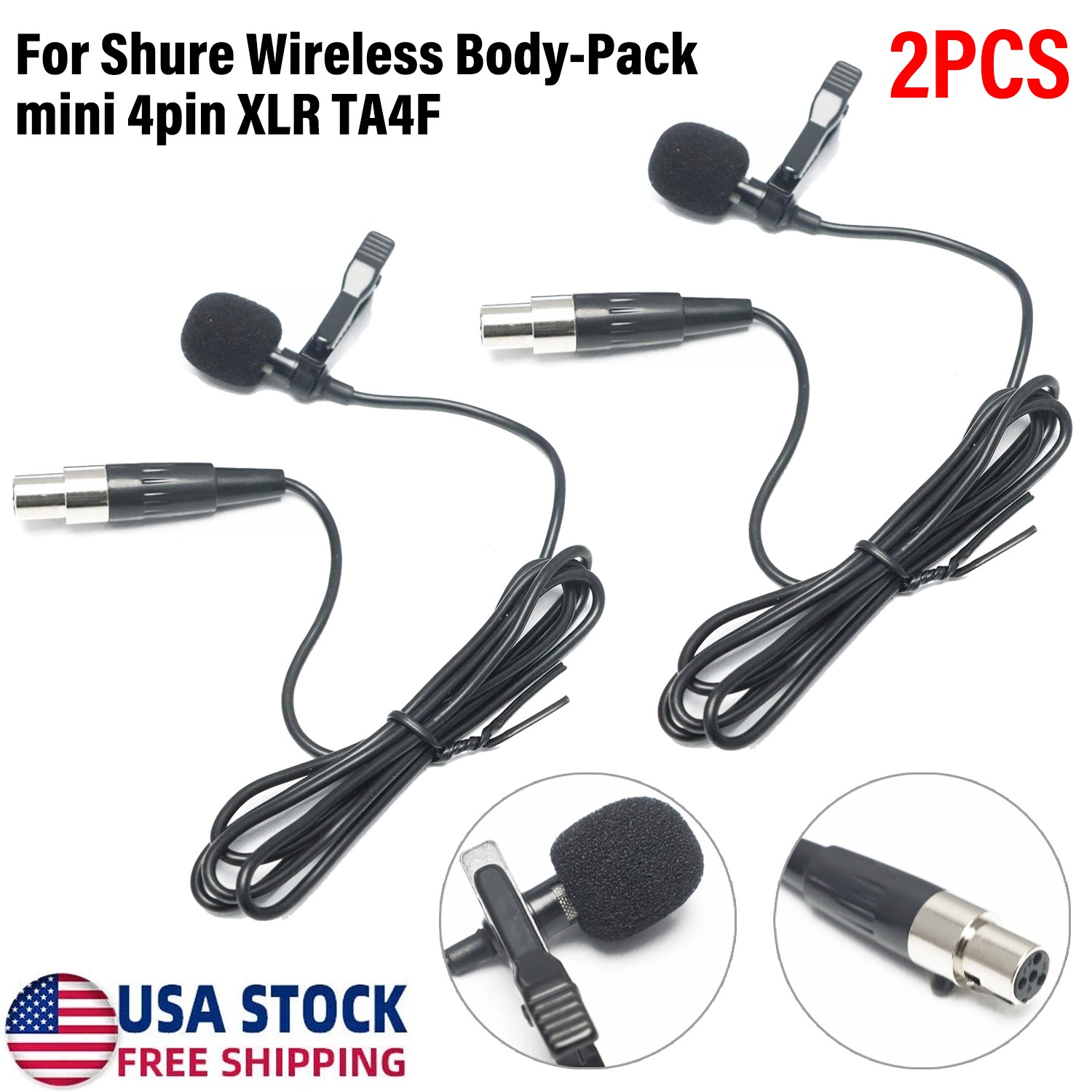 Pro Lavalier Microphone For Shure 4pin XLR Wireless Body-Pack mini TA4F 2PCS