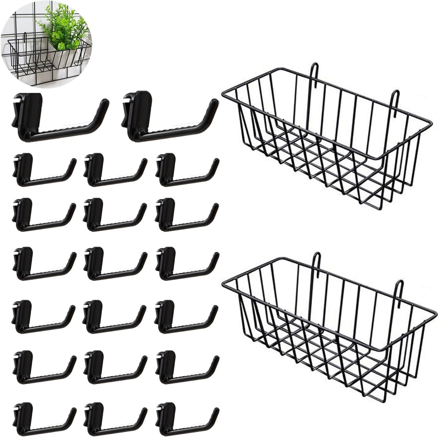 2 Pack Grid Panels Hanging Wire Basket Storage with Plastic Hooks for Gridwall