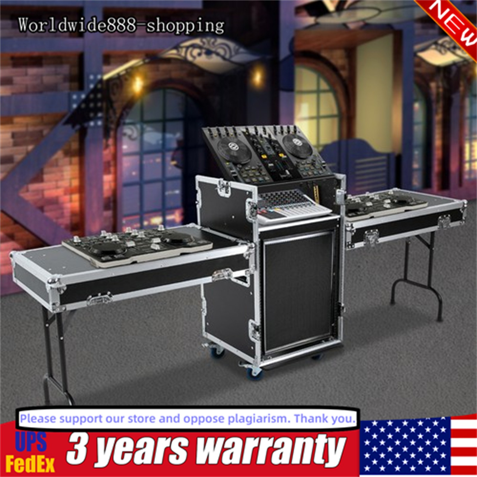 14U PA DJ Rack/Road DJ Cabinet W/ 2 Table Tops Network & Stereo Rack, 4 Wheels