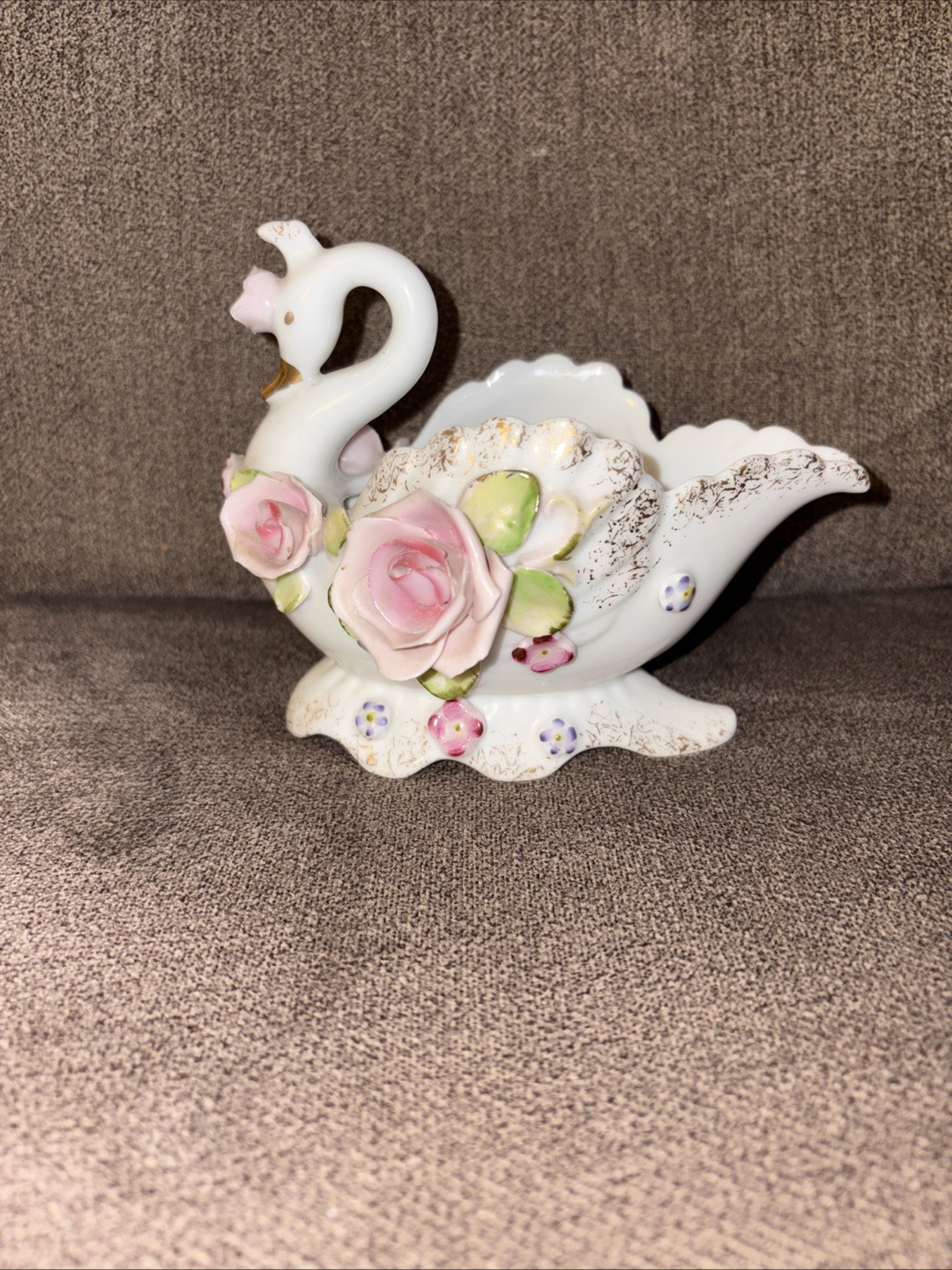 Lefton Swan Vtg White Porcelain Planter Pink Roses Gold Trim Japan Hand Painted